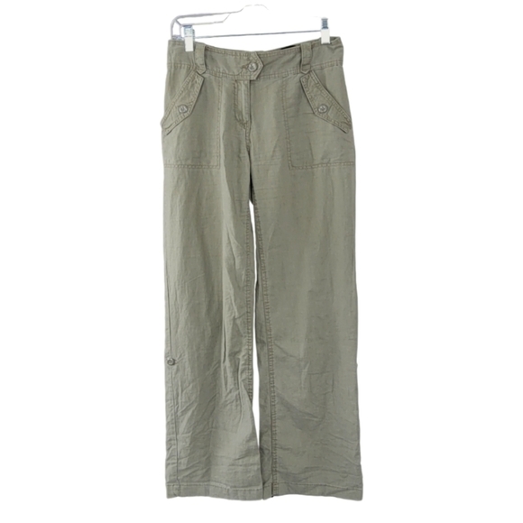 H&M Women's Linen Blend Roll Tab Cuff Wide Leg Trouser Pants Sz 4 Olive Green - Picture 1 of 12